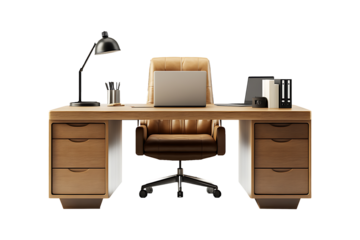 office desk with laptop chair and lamp isolated on transparent background
