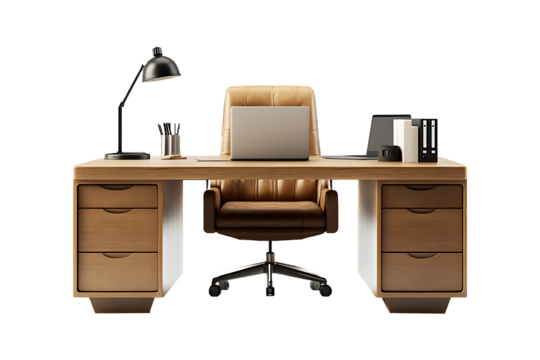 office desk with laptop chair and lamp isolated on transparent background