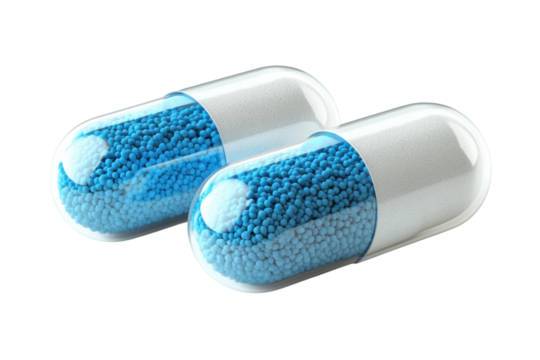 Finding Solace Two Medicine Capsules filled with tiny blue beads represent health and wellness on isolated on transparent background. Generative Ai.