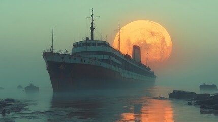 Obraz premium Abandoned ship in a misty harbor at sunrise