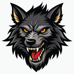 Angry or snarling wolf head with bared teeth and wild fur vector sticker and logo