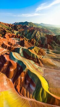 Spectacular aerial view of colorful rock formations under a clear blue sky showcasing distinct geological stratification layers.