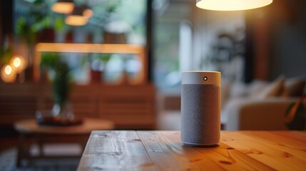 A modern stylish smart speaker on a wooden table in the living room, a homely cozy atmosphere in a modern home.