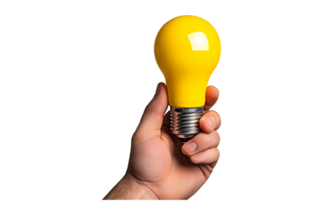 Hand Holding Yellow Lightbulb isolated on transparent background