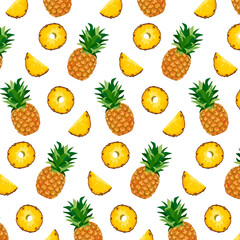 Whole and sliced ​​pineapple.Vector seamless pattern with slices and whole pineapples on transparent background.