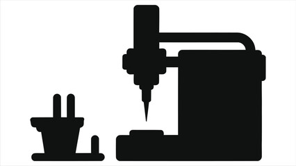 (Injection Molding Machine)Vector Silhouette Illustration of a Manufacturing Machine./A simple, black silhouette of a manufacturing machine, likely a precision drilling or fastening machine