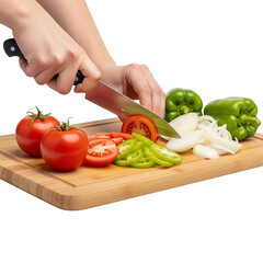 Hands cutting vegetables on a cutting board isolated on transparent background 