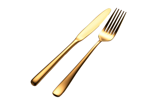 matte gold fork and matte gold knife isolated on transparent background - Powered by Adobe