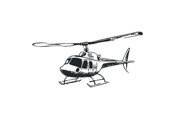 Fototapeta premium Detailed sketch of a helicopter with rotating blades. Vector retro hand drawn illustration