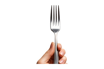 Hand holding metal fork isolated on transparent background