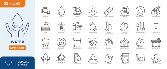 Fotobehang Water line editable icon set. Containing water,  drop, rain, glass of water, shower, drinking water and more. Editable stroke. Vector illustration © Cetacons