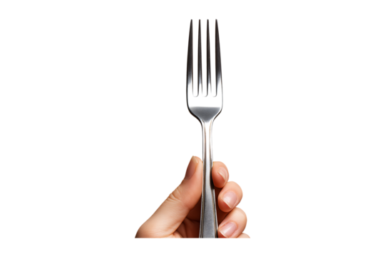 Hand holding metal fork isolated on transparent background