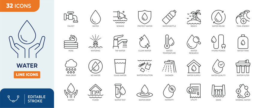 Water line editable icon set. Containing water,  drop, rain, glass of water, shower, drinking water and more. Editable stroke. Vector illustration