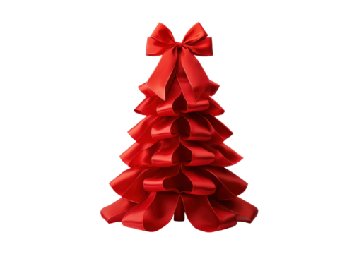 red christmas tree made of red ribbon band isolated on white or transparent png - Powered by Adobe