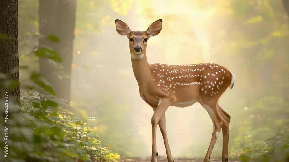 Aufkleber a fawn stands in a forest with soft sunlight filtering through the trees, creating a serene and peac