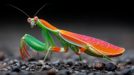 Large green and orange bug is standing on a rocky surface. The bug has a long, thin body and long antennae. The colors of the bug are vibrant and eye-catching