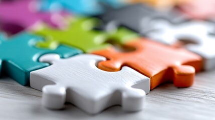 Jigsaw puzzle with pieces of different colors and sizes. The puzzle is incomplete and scattered on a wooden surface