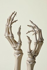 Close-up of skeletal hands on a plain background, fingers slightly bent, ideal for text space. The bones look aged and cracked