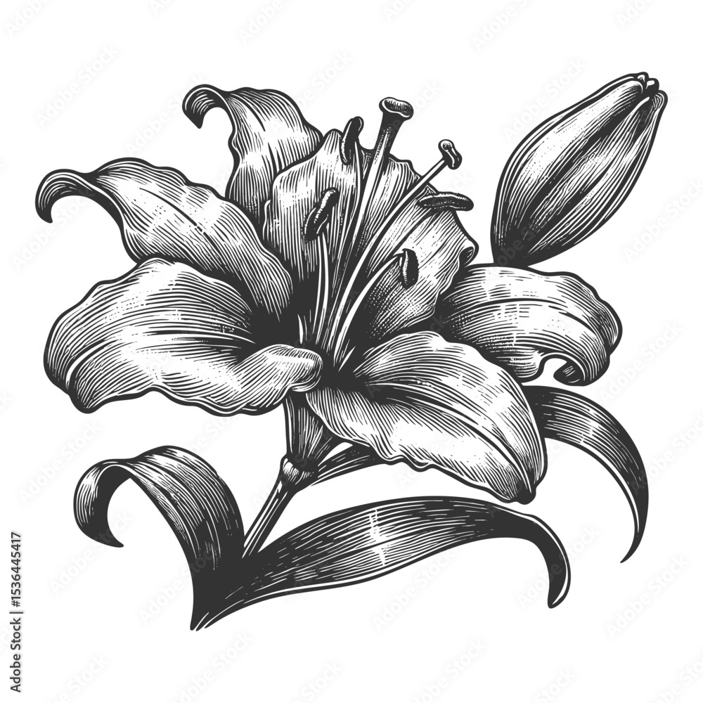 Poster lily flower sketch engraving generative ai fictional character vector illustration. scratch board im