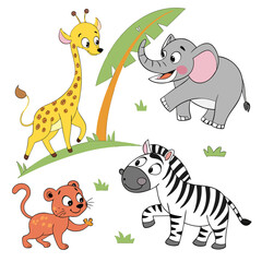 Obraz premium Playful cartoon jungle animals, including a giraffe, elephant, zebra, and cub, illustrated in a light-hearted style