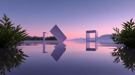 Elegant geometric shapes appear to float serenely over the calm, mirror-like surface of a lake, reflecting the pastel hues of the sunset sky in a harmonious blend of nature and minimalist design.