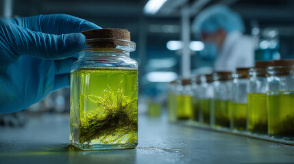 Gloved hand holding a jar with green liquid and plant inside.