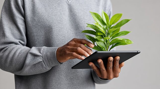 Man is holding a tablet with a plant on it. The tablet is black and the plant is green. The man is wearing a gray sweater