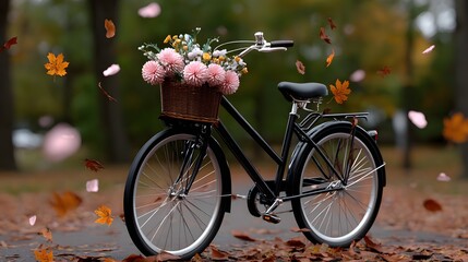 Fototapeta premium A vintage bicycle adorned with a colorful floral arrangement, set against a backdrop of autumnal foliage and fallen leaves on a rustic path