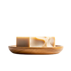 Natural soap bar on a small wooden plate isolated on transparent background
