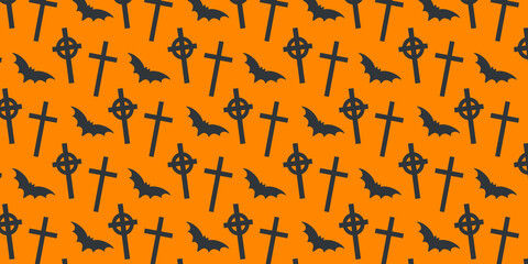 Cartoon wallpaper with cemetery crosses and bats for design Halloween.