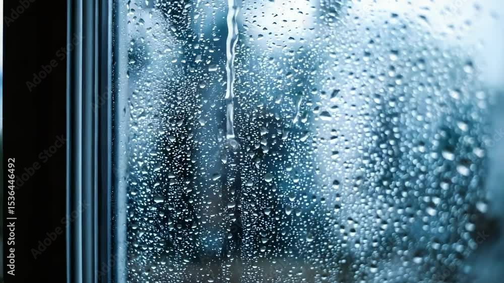 Aufkleber raindrops cling to a window, creating a blurred view of the outside through the droplets.
