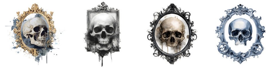 Ornate gothic frames with skulls and skeletons