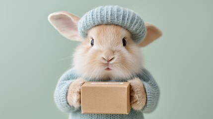 Fototapeta premium A rabbit in a knitted hat holds a small cardboard box, blending cuteness with delivery or gifting themes in a minimalist studio setting