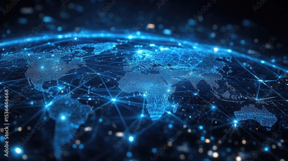 Wall mural a digital world map illuminated with blue lights and interconnected networks on a dark background