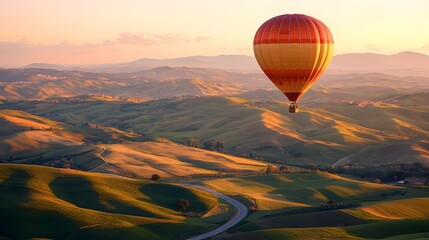 Obraz premium A vibrant hot air balloon floats gracefully over the rolling hills of Tuscany at sunset, casting a warm golden glow across the picturesque landscape below it.