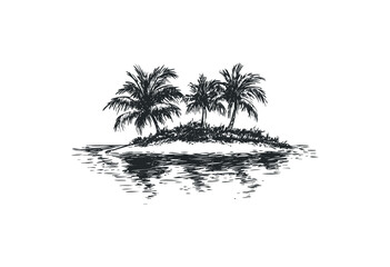 Fototapeta premium Tropical island with palm trees reflecting on water. Vector retro hand drawn illustration