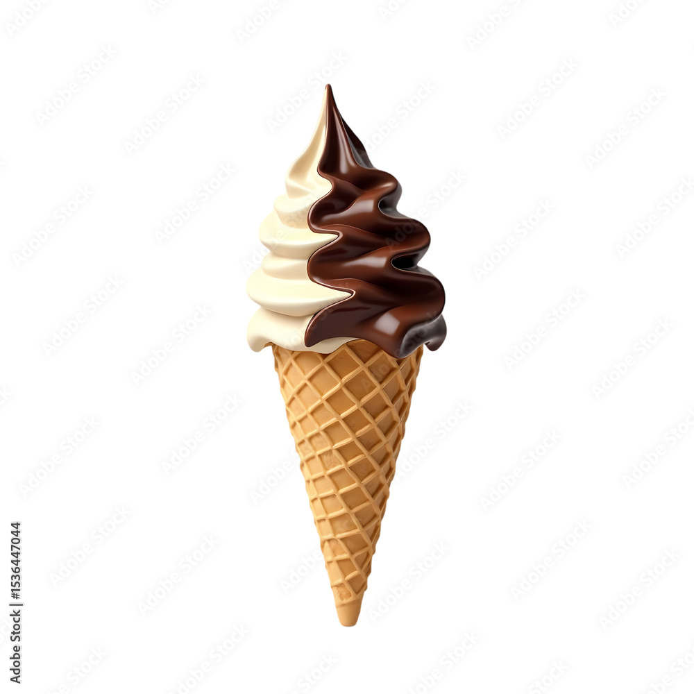 Poster a vanilla and chocolate soft serve ice cream cone on isolated on transparent background