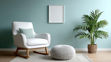 White chair is in a room with a green wall and a white picture frame. The chair is next to a potted plant and a rug. The room has a modern and minimalist design