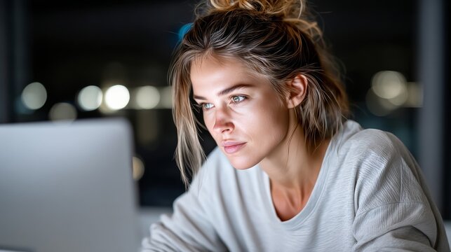 Woman is sitting at a desk with a laptop in front of her. She is looking at the screen with a serious expression on her face