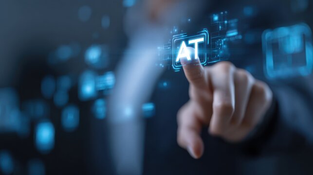 Close-up of a hand reaching toward digital icons representing AI ethics, transparency, accountability, and bias detection, on a futuristic interface, corporate technology concept, studio lighting - Powered by Adobe