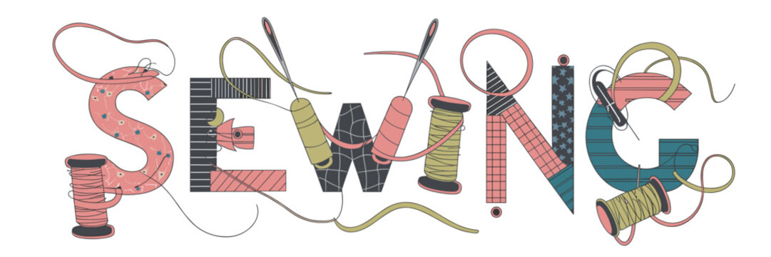 Fun sewing text with pierced thread and fabric patterns on white background – Suitable for crafting communities, sewing classes, or textile DIY content