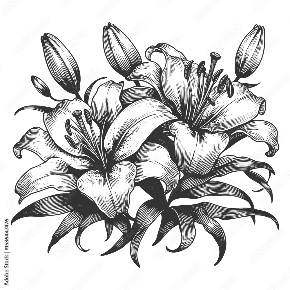 Poster lily flower sketch engraving generative ai fictional character vector illustration. scratch board im
