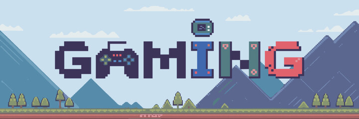 Obraz premium Pixel art gaming typography with controller, console, screen, and character – Great for retro game branding, streaming graphics, or youth entertainment designs
