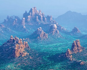 Rocky peaks, misty landscape