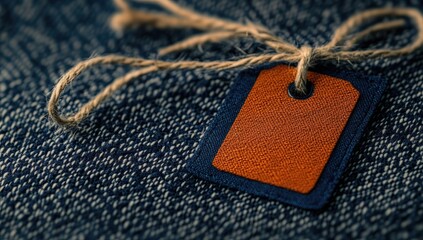 Close-up of a burnt-orange leather tag on dark denim