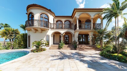 A luxurious, two-story Mediterranean-style mansion with a curved roof, arched windows, and a pool in the foreground, surrounded by palm trees and a clear blue sky.