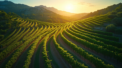 Fototapeta premium The golden light of the setting sun gently illuminates the terraced vineyards that curve like waves across the rolling landscape.
