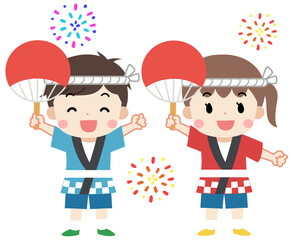 夏祭りで法被をきた笑顔の子供たちのイラスト