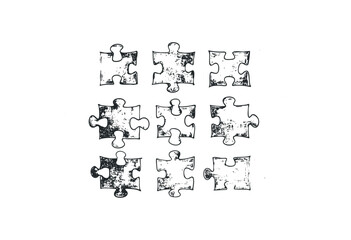 Nine grunge puzzle pieces in a three-by-three arrangement. Vector retro hand drawn illustration
