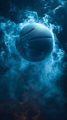 Fiery Basketball in Blue Smoke Dramatic Sports Image for Game Design